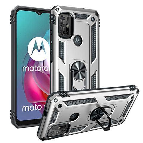 Custodia Silicone e Plastica Opaca Cover con Magnetico Anello Supporto S01 per Motorola Moto G30 Argento