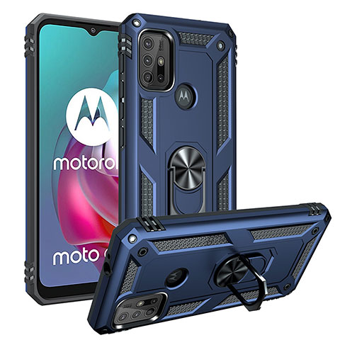 Custodia Silicone e Plastica Opaca Cover con Magnetico Anello Supporto S01 per Motorola Moto G30 Blu