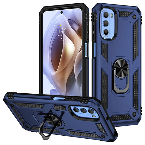 Custodia Silicone e Plastica Opaca Cover con Magnetico Anello Supporto S01 per Motorola Moto G31 Blu