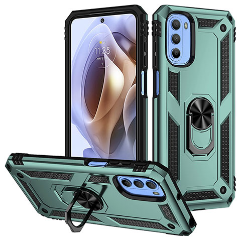 Custodia Silicone e Plastica Opaca Cover con Magnetico Anello Supporto S01 per Motorola Moto G31 Verde