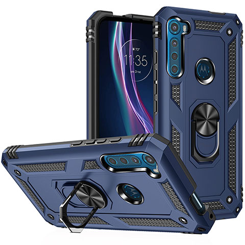Custodia Silicone e Plastica Opaca Cover con Magnetico Anello Supporto S01 per Motorola Moto One Fusion Plus Blu