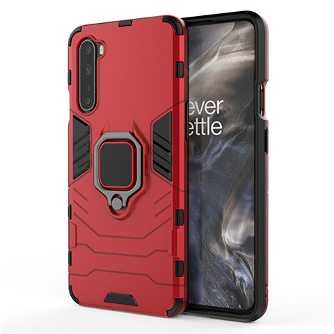 Custodia Silicone e Plastica Opaca Cover con Magnetico Anello Supporto S01 per OnePlus Nord Rosso