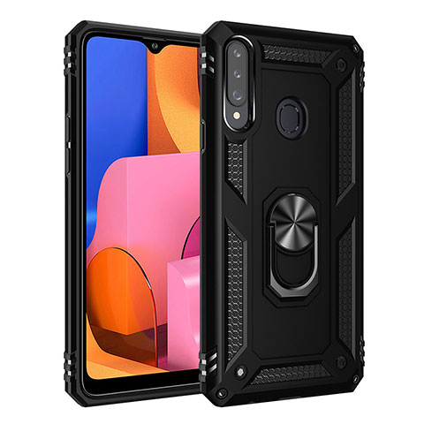 Custodia Silicone e Plastica Opaca Cover con Magnetico Anello Supporto S01 per Samsung Galaxy A20s Nero