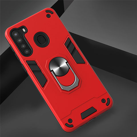 Custodia Silicone e Plastica Opaca Cover con Magnetico Anello Supporto S01 per Samsung Galaxy A21 Rosso