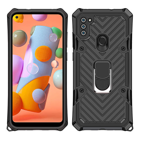 Custodia Silicone e Plastica Opaca Cover con Magnetico Anello Supporto S01 per Samsung Galaxy M11 Nero