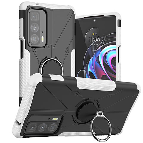 Custodia Silicone e Plastica Opaca Cover con Magnetico Anello Supporto S02 per Motorola Moto Edge 20 Pro 5G Bianco