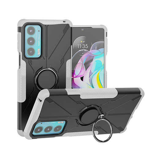 Custodia Silicone e Plastica Opaca Cover con Magnetico Anello Supporto S02 per Motorola Moto Edge Lite 5G Bianco