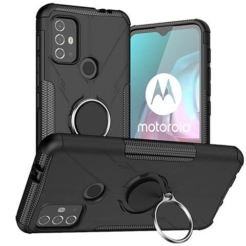 Custodia Silicone e Plastica Opaca Cover con Magnetico Anello Supporto S02 per Motorola Moto G10 Nero