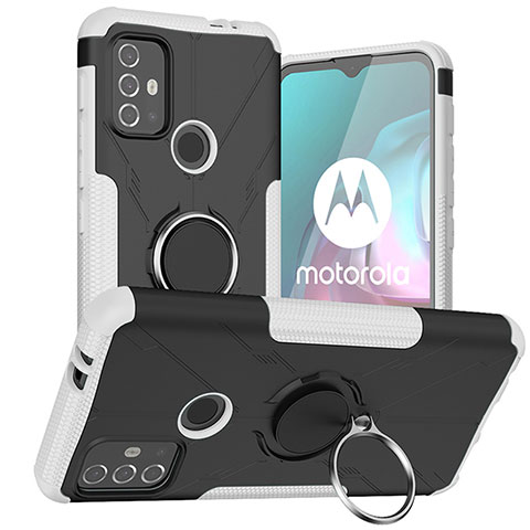 Custodia Silicone e Plastica Opaca Cover con Magnetico Anello Supporto S02 per Motorola Moto G20 Bianco