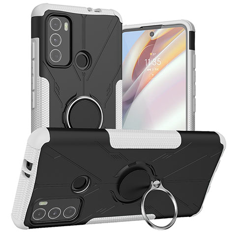 Custodia Silicone e Plastica Opaca Cover con Magnetico Anello Supporto S02 per Motorola Moto G60 Bianco
