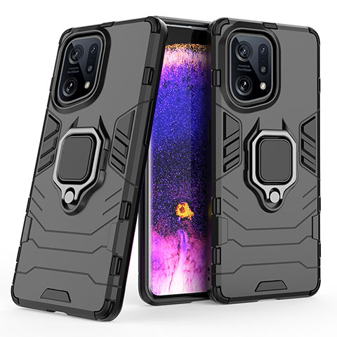 Custodia Silicone e Plastica Opaca Cover con Magnetico Anello Supporto S02 per Oppo Find X5 5G Nero