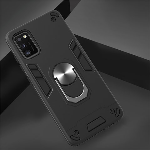 Custodia Silicone e Plastica Opaca Cover con Magnetico Anello Supporto S02 per Samsung Galaxy A41 Nero