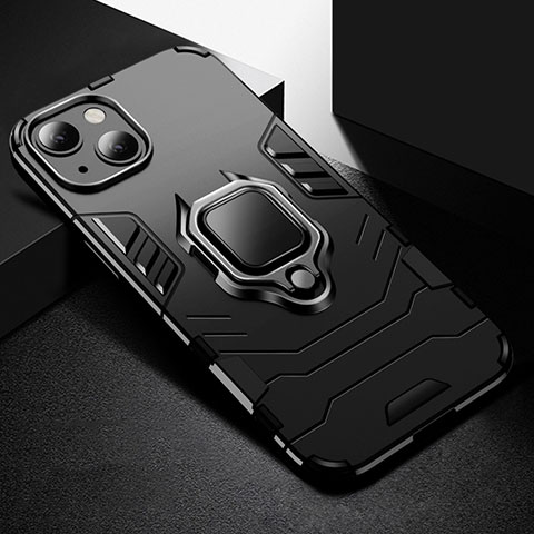 Custodia Silicone e Plastica Opaca Cover con Magnetico Anello Supporto S03 per Apple iPhone 13 Nero