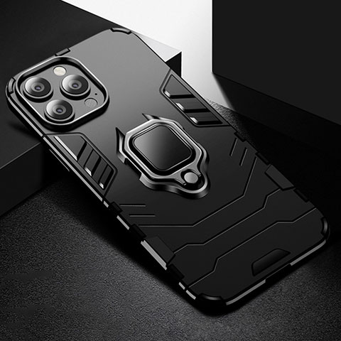 Custodia Silicone e Plastica Opaca Cover con Magnetico Anello Supporto S03 per Apple iPhone 14 Pro Nero