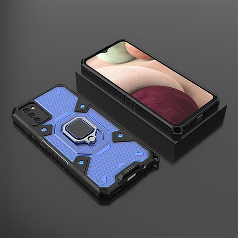 Custodia Silicone e Plastica Opaca Cover con Magnetico Anello Supporto S03 per Samsung Galaxy A02s Blu