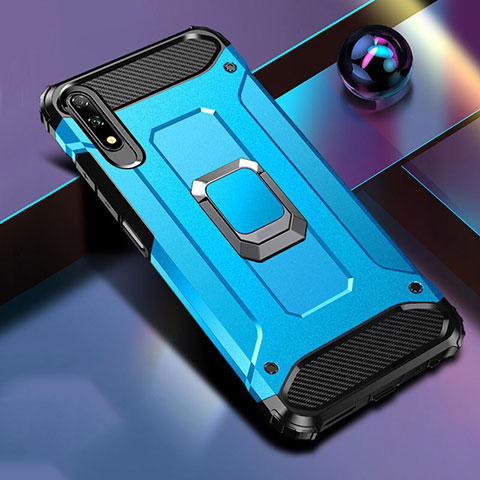 Custodia Silicone e Plastica Opaca Cover con Magnetico Anello Supporto S04 per Huawei Honor 9X Cielo Blu