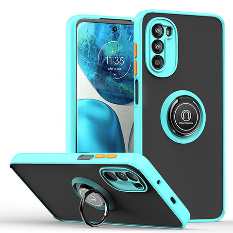 Custodia Silicone e Plastica Opaca Cover con Magnetico Anello Supporto S04 per Motorola Moto G82 5G Ciano