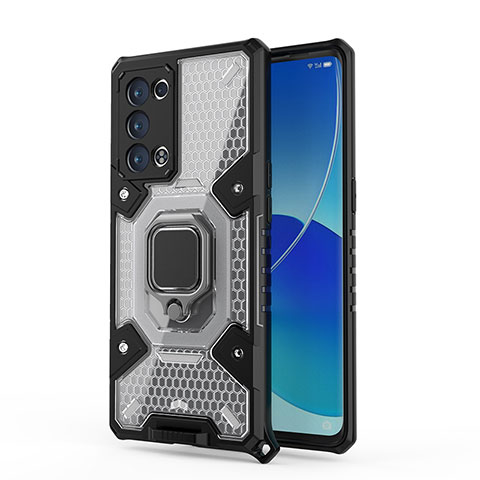 Custodia Silicone e Plastica Opaca Cover con Magnetico Anello Supporto S04 per Oppo Reno6 Pro 5G Nero