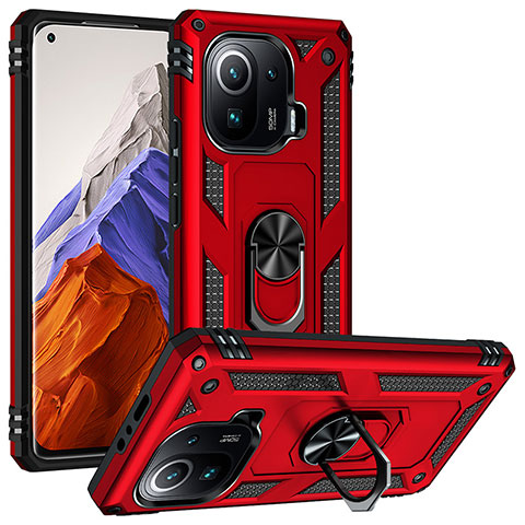 Custodia Silicone e Plastica Opaca Cover con Magnetico Anello Supporto S04 per Xiaomi Mi 11 Pro 5G Rosso