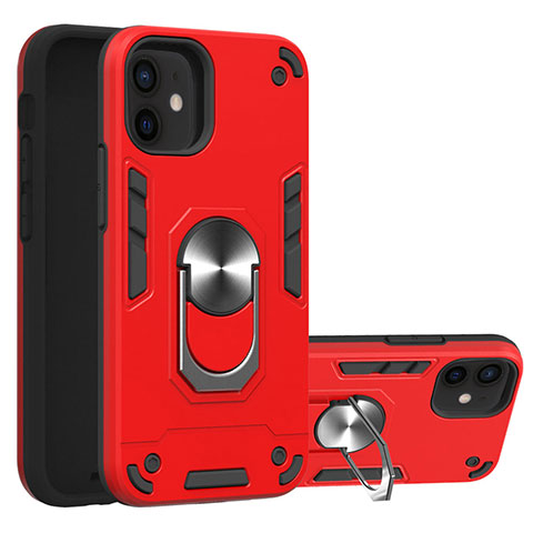 Custodia Silicone e Plastica Opaca Cover con Magnetico Anello Supporto S05 per Apple iPhone 12 Mini Rosso