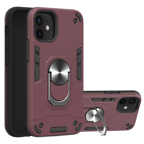 Custodia Silicone e Plastica Opaca Cover con Magnetico Anello Supporto S05 per Apple iPhone 12 Rosso Rosa