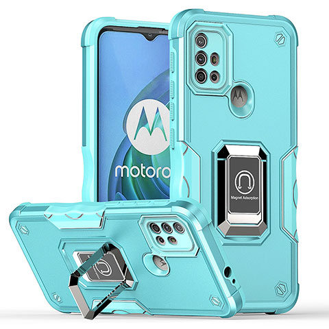 Custodia Silicone e Plastica Opaca Cover con Magnetico Anello Supporto S05 per Motorola Moto G20 Ciano