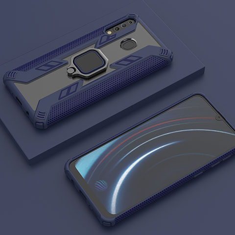 Custodia Silicone e Plastica Opaca Cover con Magnetico Anello Supporto S06 per Samsung Galaxy M30 Blu