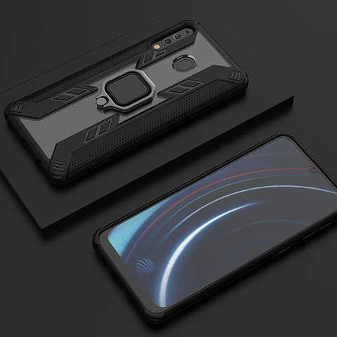 Custodia Silicone e Plastica Opaca Cover con Magnetico Anello Supporto S06 per Samsung Galaxy M30 Nero