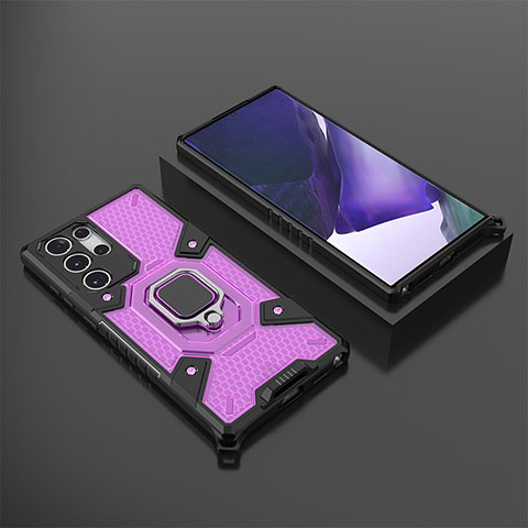 Custodia Silicone e Plastica Opaca Cover con Magnetico Anello Supporto S06 per Samsung Galaxy S21 Ultra 5G Viola