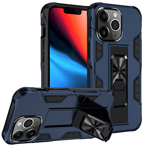 Custodia Silicone e Plastica Opaca Cover con Magnetico Anello Supporto S07 per Apple iPhone 13 Pro Max Blu