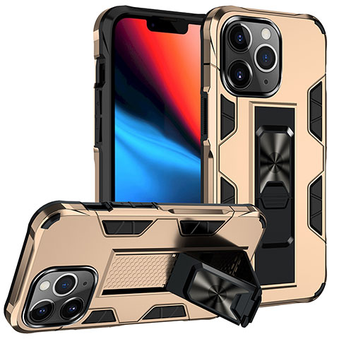 Custodia Silicone e Plastica Opaca Cover con Magnetico Anello Supporto S07 per Apple iPhone 13 Pro Max Oro