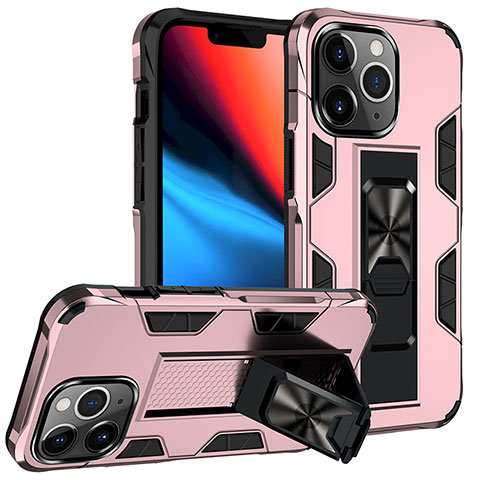 Custodia Silicone e Plastica Opaca Cover con Magnetico Anello Supporto S07 per Apple iPhone 13 Pro Max Oro Rosa