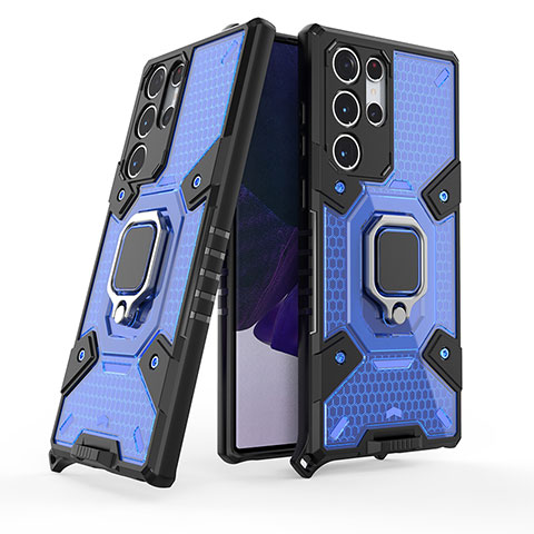 Custodia Silicone e Plastica Opaca Cover con Magnetico Anello Supporto S07 per Samsung Galaxy S21 Ultra 5G Blu