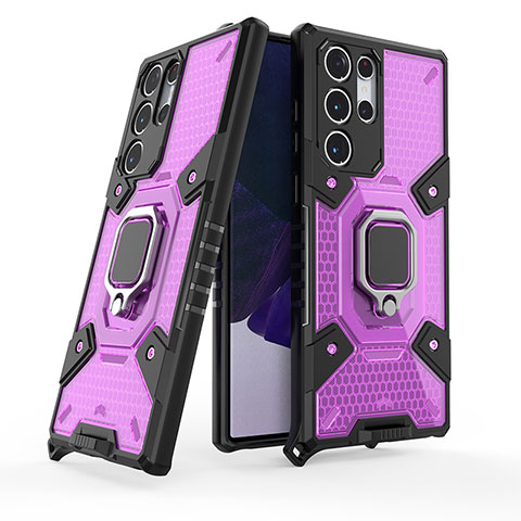 Custodia Silicone e Plastica Opaca Cover con Magnetico Anello Supporto S07 per Samsung Galaxy S21 Ultra 5G Viola