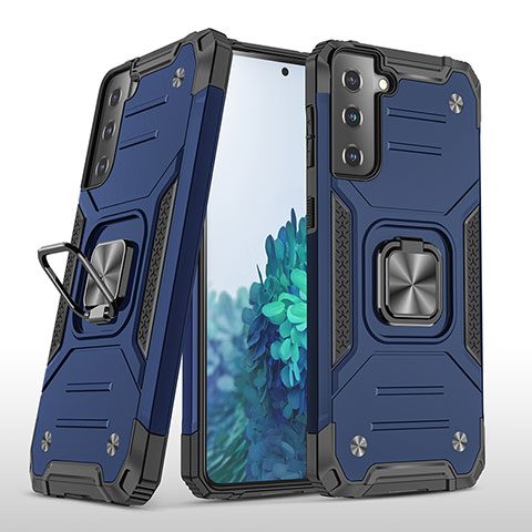 Custodia Silicone e Plastica Opaca Cover con Magnetico Anello Supporto T04 per Samsung Galaxy S21 Plus 5G Blu