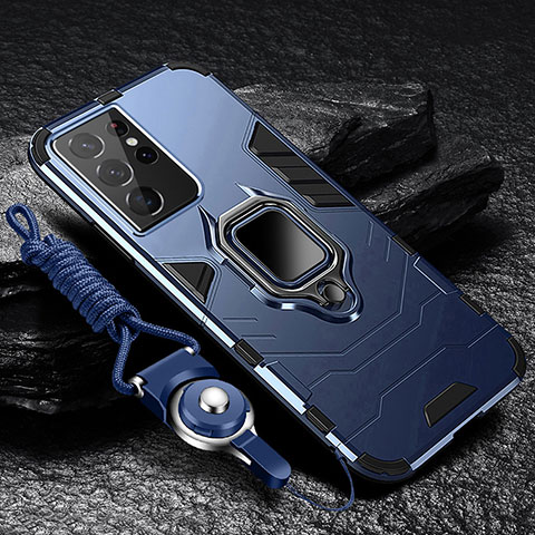 Custodia Silicone e Plastica Opaca Cover con Magnetico Anello Supporto T06 per Samsung Galaxy S22 Ultra 5G Blu
