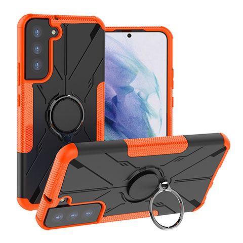 Custodia Silicone e Plastica Opaca Cover con Magnetico Anello Supporto T08 per Samsung Galaxy S21 5G Arancione