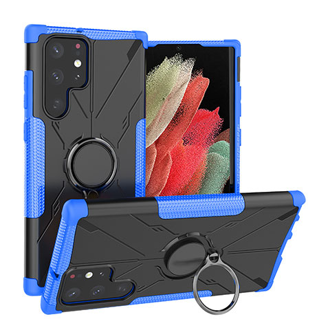 Custodia Silicone e Plastica Opaca Cover con Magnetico Anello Supporto T08 per Samsung Galaxy S21 Ultra 5G Blu