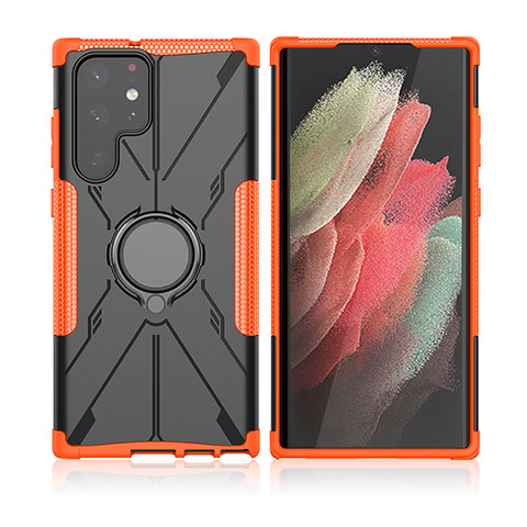 Custodia Silicone e Plastica Opaca Cover con Magnetico Anello Supporto T09 per Samsung Galaxy S21 Ultra 5G Arancione