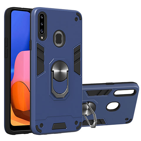 Custodia Silicone e Plastica Opaca Cover con Magnetico Anello Supporto Y01B per Samsung Galaxy A20s Blu