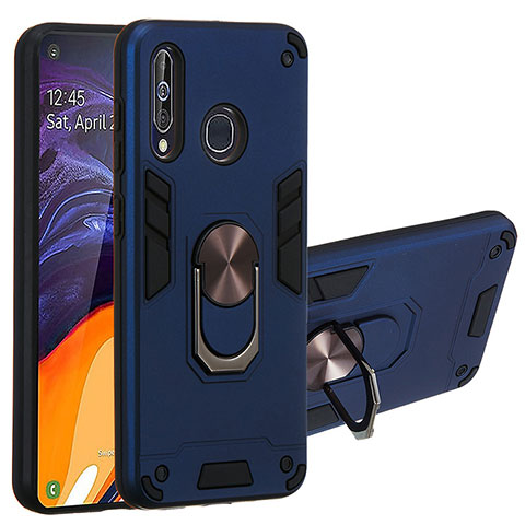 Custodia Silicone e Plastica Opaca Cover con Magnetico Anello Supporto Y01B per Samsung Galaxy A60 Blu