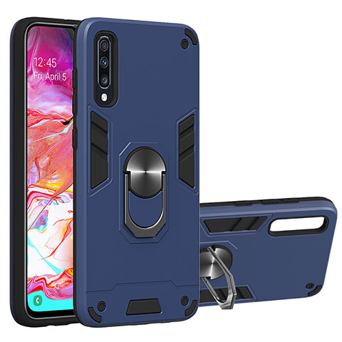 Custodia Silicone e Plastica Opaca Cover con Magnetico Anello Supporto Y01B per Samsung Galaxy A70S Blu