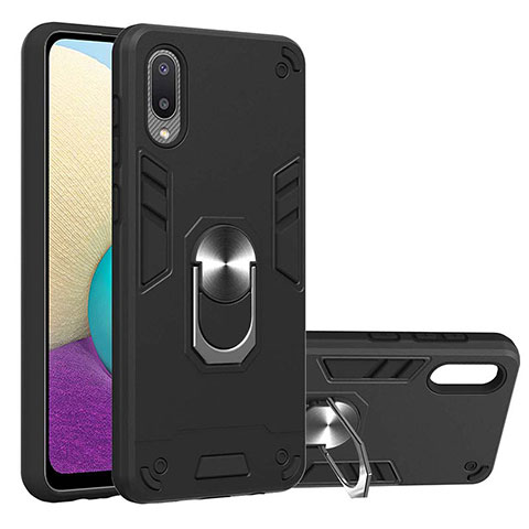Custodia Silicone e Plastica Opaca Cover con Magnetico Anello Supporto Y01B per Samsung Galaxy M02 Nero