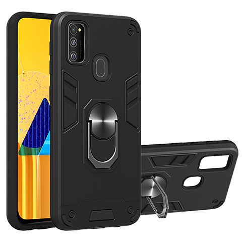 Custodia Silicone e Plastica Opaca Cover con Magnetico Anello Supporto Y01B per Samsung Galaxy M30s Nero