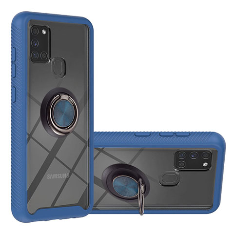 Custodia Silicone e Plastica Opaca Cover con Magnetico Anello Supporto YB1 per Samsung Galaxy A21s Blu