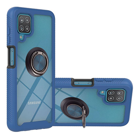 Custodia Silicone e Plastica Opaca Cover con Magnetico Anello Supporto YB1 per Samsung Galaxy F12 Blu