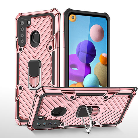 Custodia Silicone e Plastica Opaca Cover con Magnetico Anello Supporto YF1 per Samsung Galaxy A21 Oro Rosa