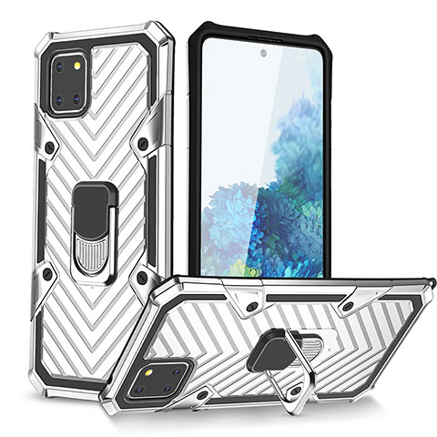 Custodia Silicone e Plastica Opaca Cover con Magnetico Anello Supporto YF1 per Samsung Galaxy M60s Argento