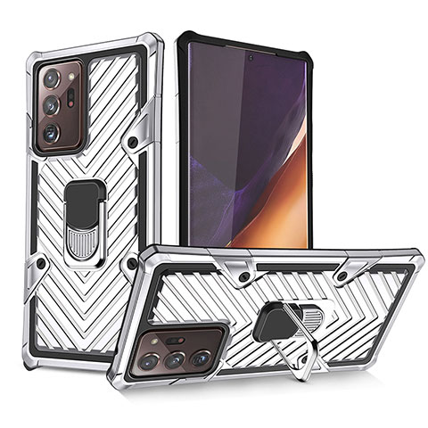 Custodia Silicone e Plastica Opaca Cover con Magnetico Anello Supporto YF1 per Samsung Galaxy Note 20 Ultra 5G Argento