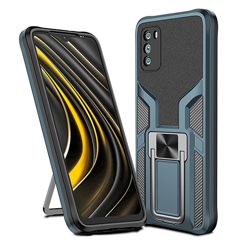 Custodia Silicone e Plastica Opaca Cover con Magnetico Anello Supporto ZL1 per Xiaomi Poco M3 Ciano
